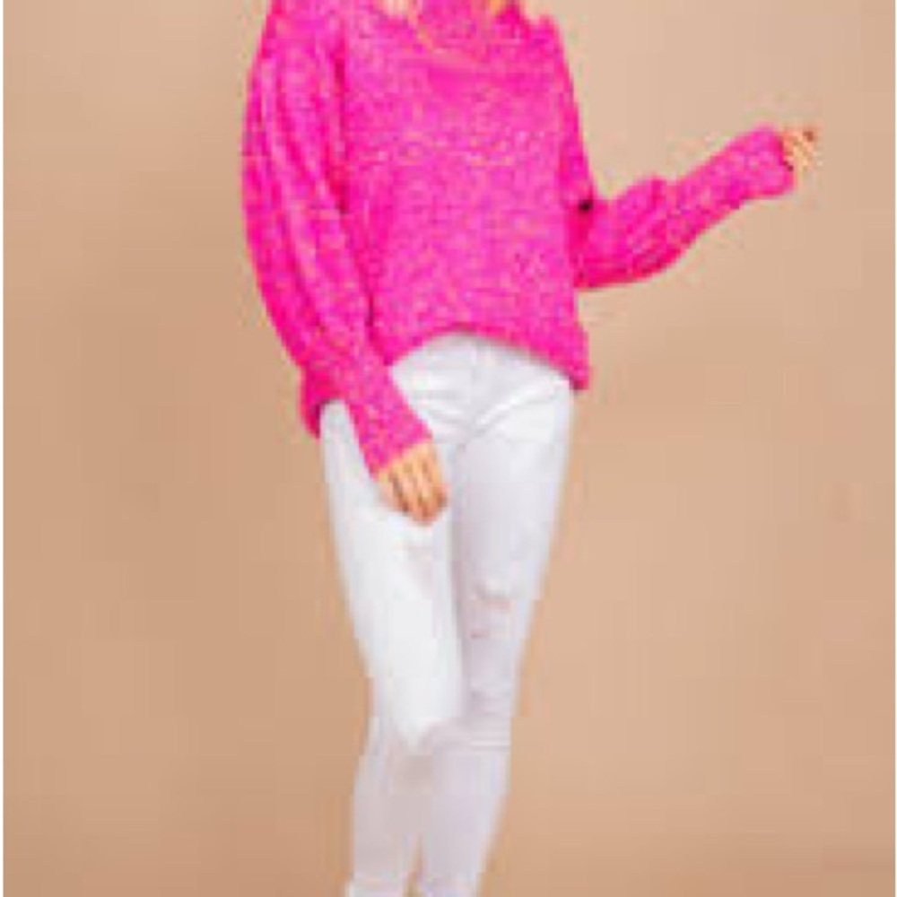 Hot Pink Balloon Sleeve Sweater w Popcorn Multicolour Accents Sz M EUC OVERSIZED